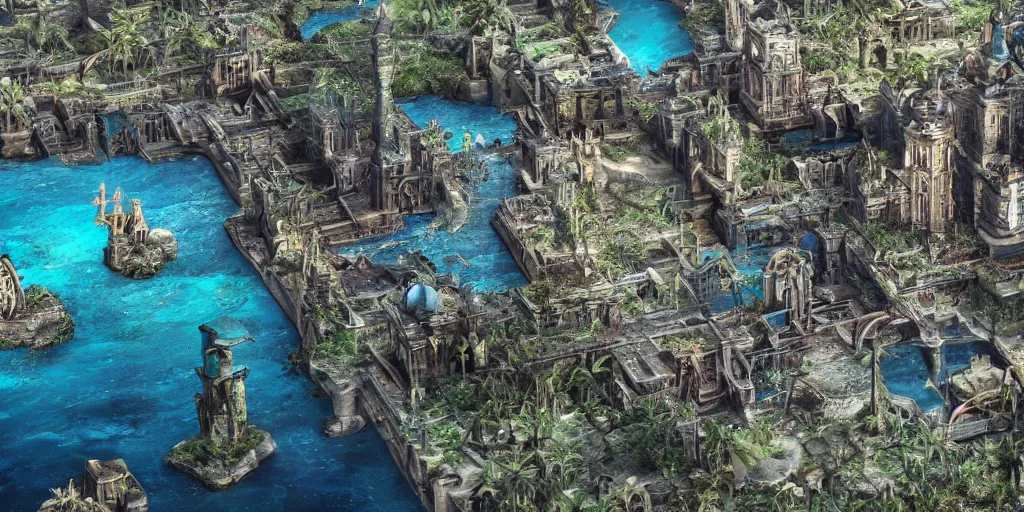 Image similar to Lost city of Atlantis surrounded by oil slick, Disney, hyper real, detailed, octane render, 8k,