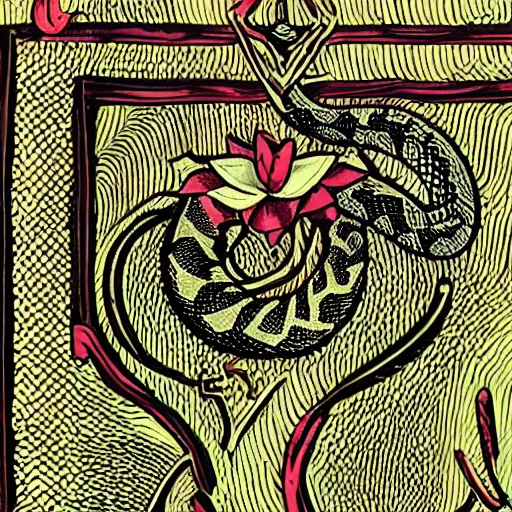 Prompt: a snake biting itself in the center of a tarot card, intricate details in the frames, 4k, high quality render.