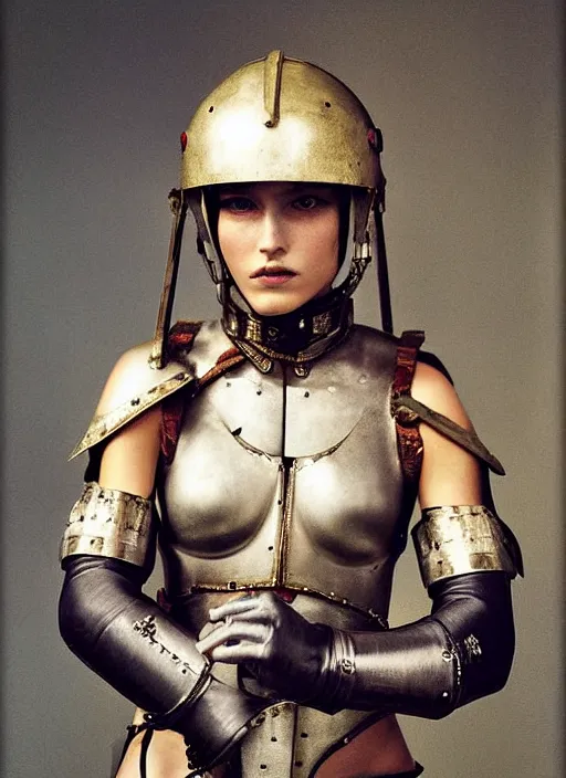 Prompt: portrait of beautiful young woman dressed gladiator with helmet and armor, color photograph by paolo roversi