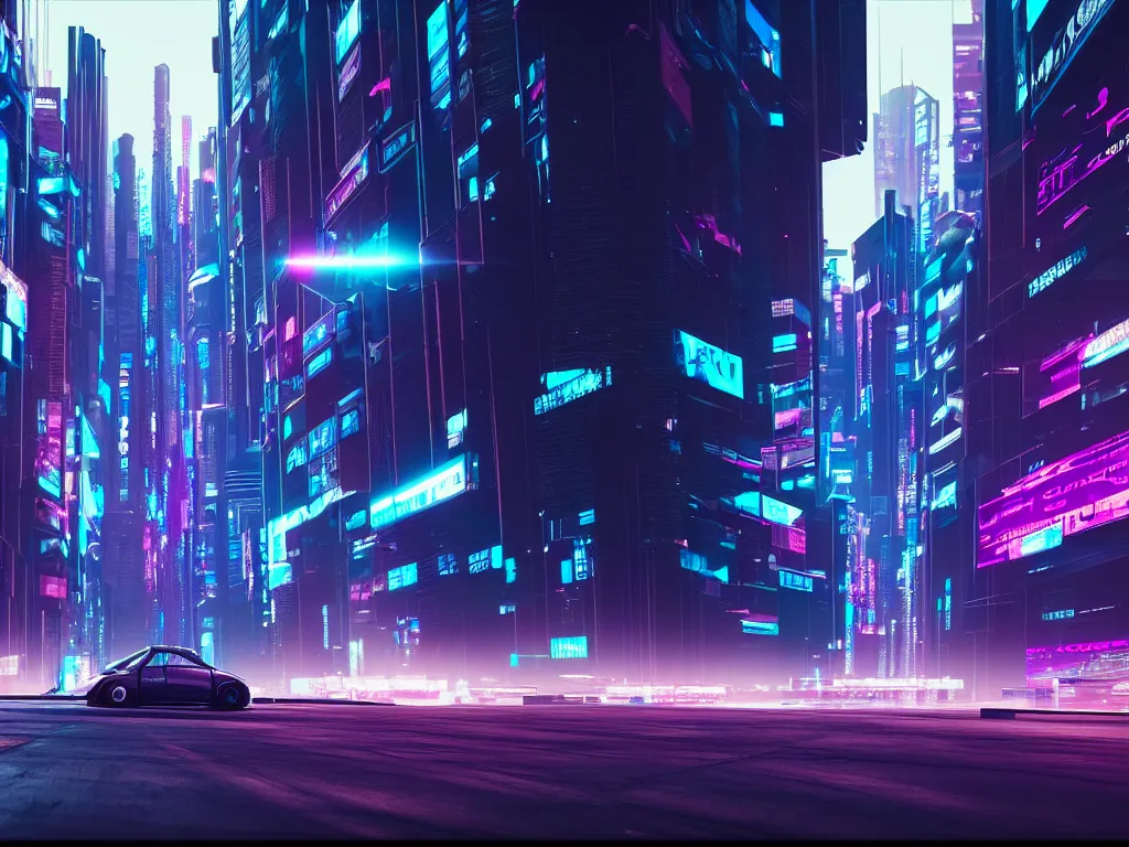 Image similar to vehicle flying through a cyberpunk city 4 k, hyper detailed