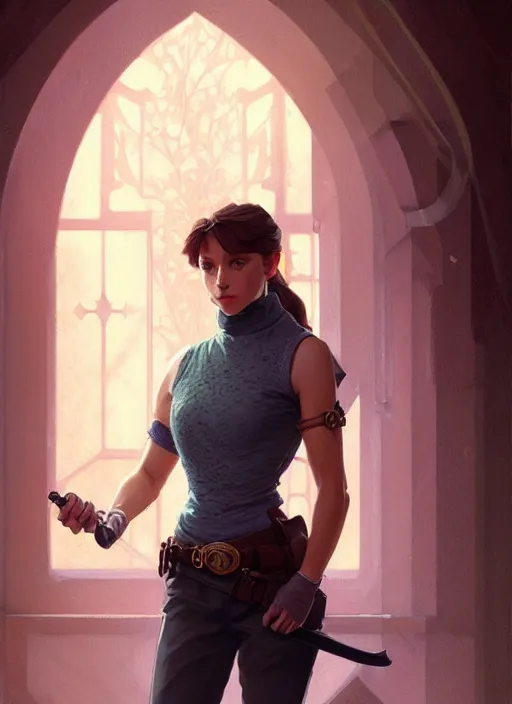 Image similar to portrait of a full body of beautiful young female detective, d & d, sleeveless turtleneck, fantasy, flat lighting, intricate, highly detailed, digital painting, artstation, concept art, smooth, sharp focus, illustration, art by simon bisley and greg rutkowski and alphonse mucha, natural tpose