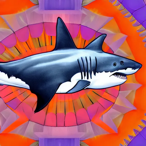 Image similar to great white shark, side view, with a silver and orange striped traffic cone construction cone on its dorsal fin, mandala background fractal background detailed - ron cheng & alphonse mucha, highly detailed, digital painting, ray tracing, concept art, illustration, smooth sharp focus, intricate, symmetry, artstation,