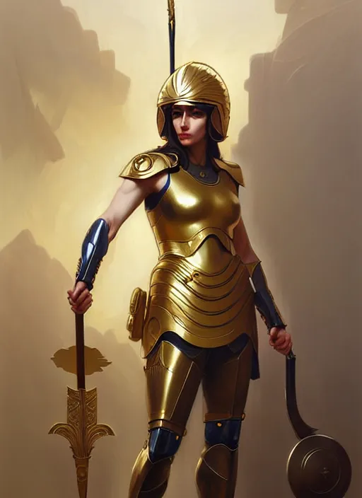 Image similar to character concept portrait of the goddess Athena with helmet and spear, shiny gold, intricate, elegant, digital painting, concept art, smooth, sharp focus, illustration, from Metal Gear, by Ruan Jia and Mandy Jurgens and William-Adolphe Bouguereau, Artgerm