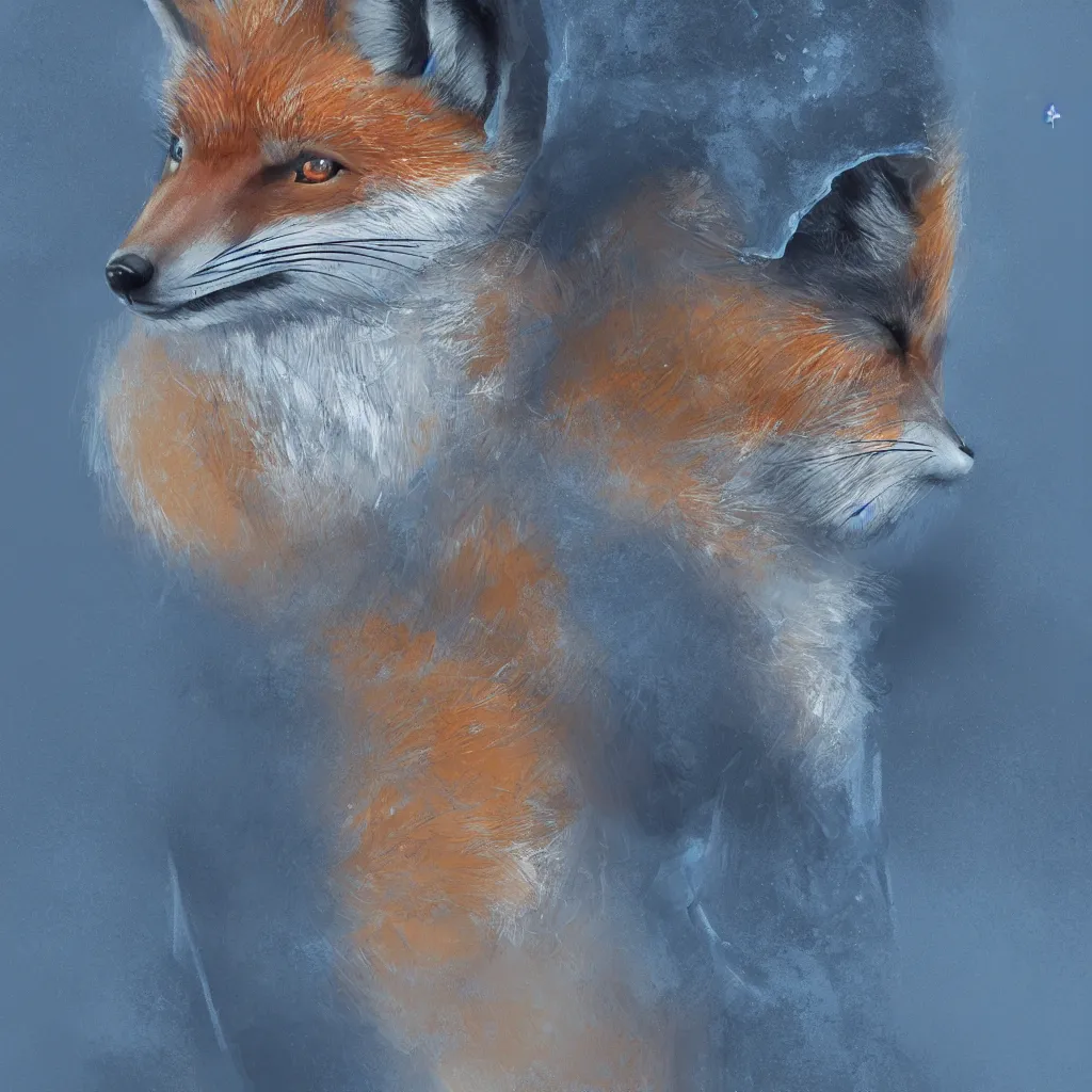 Prompt: a closeup profile shot of an anthropomorphic fox in a blue hoodie sitting in front of the computer, dark tones, concept art, digital art, highly detailed, anime, by hayao miyazaki