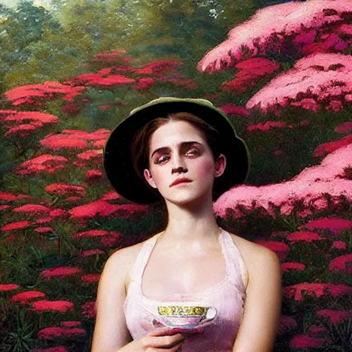 Image similar to thick paint brush strokes full body fashion model emma watson by Jeremy Lipking by Hasui Kawase by Richard Schmid (((smokey eyes makeup eye shadow fantasy, glow, shimmer as victorian woman in a long white frilly lace dress and a large white hat having tea in a sunroom filled with flowers, roses and lush fern flowers ,intricate, night, highly detailed, dramatic lighting))) , high quality