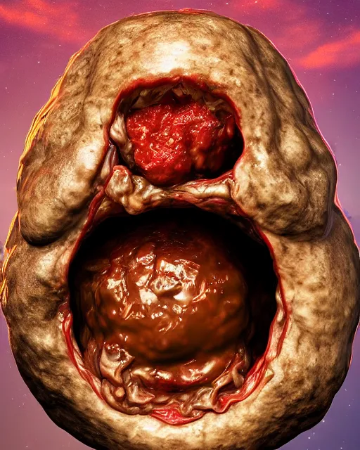 Prompt: Gooey Oily, Gross and Disgusting stunning orbiting Giant fleshy meatball with a tongue sticking out of its mouth. 4D render, soft render, hairy meatball, surreal food by Greg Rutkowsi and Stefan Koidl, artstation