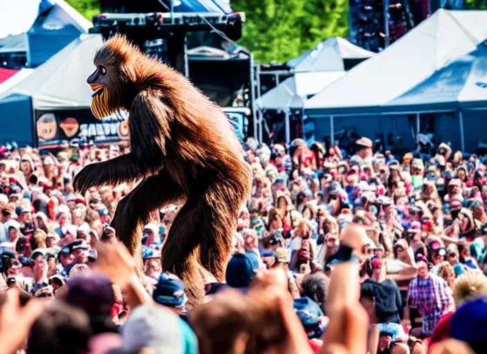 Image similar to photo still of sasquatch on stage at vans warped tour!!!!!!!! at age 4 8 years old 4 8 years of age!!!!!!! throwing rocks and berries at the crowd, 8 k, 8 5 mm f 1. 8, studio lighting, rim light, right side key light