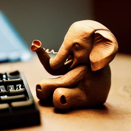 Image similar to 35mm macro photograph of a hand carved elephant wearing a suit working on a couch typing on a miniature computer keyboard