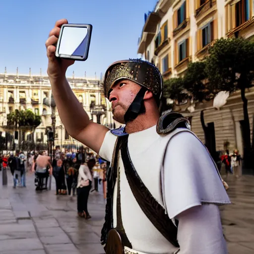 Image similar to a roman legionnaire taking a selfie in plaza cibeles, madrid