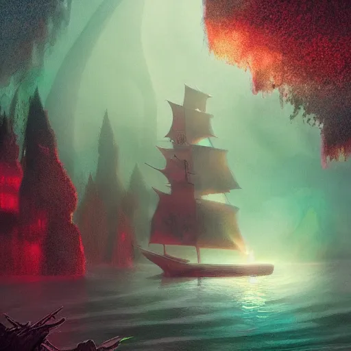 Prompt: sailing into the unexplored mist, cinematic fantasy illustration, magical, bioluminescence, detailed