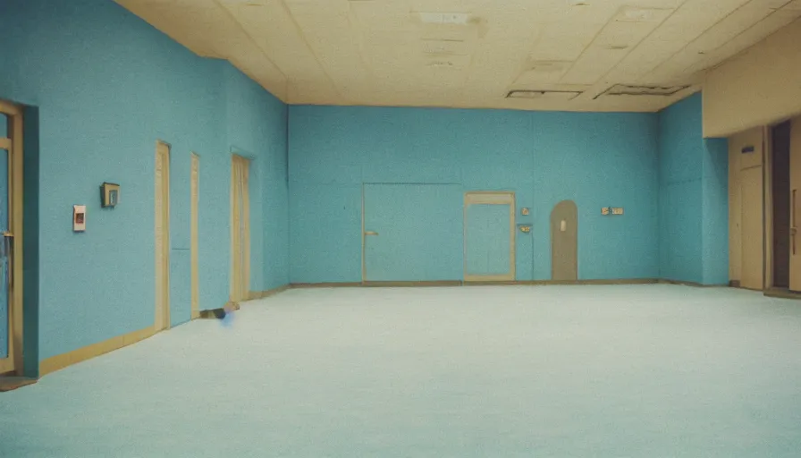 Image similar to 60s movie still of a sovietic stalinist style empty ballroom with one toilet and light blue tiles floor, cinestill 800t 50mm eastmancolor, liminal Space style, heavy grain-s 150