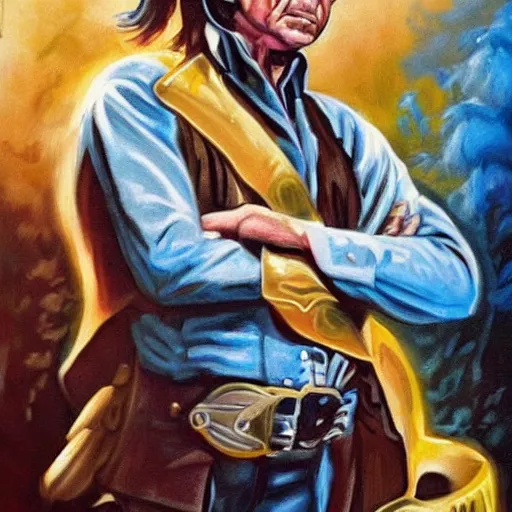 Image similar to fantasy art ultra detailed color johnny cash as a revolutionary war warrior bayoneting a traitor fbi agent