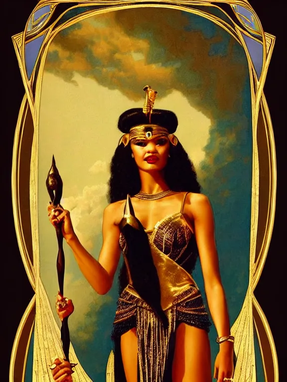 Image similar to zendaya as isis the Egyptian goddess, a beautiful art nouveau portrait by Gil elvgren, Nile river environment, centered composition, defined features, golden ratio, golden jewelry