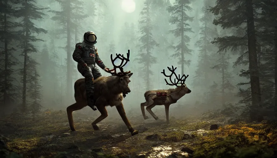 Prompt: american astronaut in the forest riding a reindeer, plants environment, wide angle, cinematic lighting, atmospheric, ultrarealistic, trending on artstation, cgsociety, highly detailed, color graded, in the style of craig mullins, rendered in Unreal Engine 4k HQ