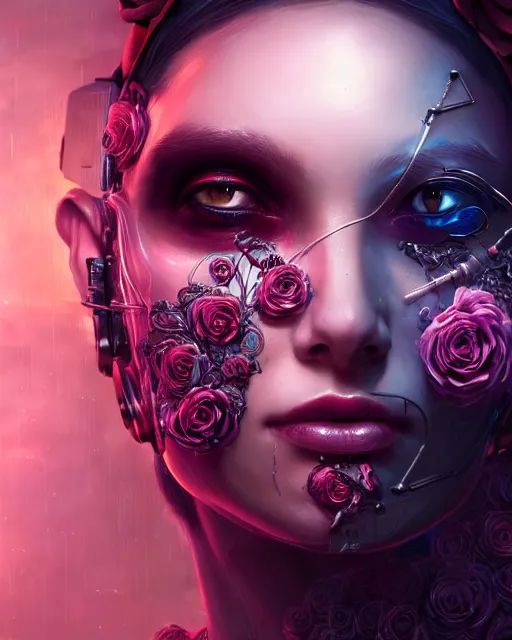 Image similar to portrait of a female face with roses instead of eyes, cyberpunk cyborg. roses, sci - fi, intricate abstract upper body intricate artwork, by tooth wu, wlop, beeple, dan mumford. concept art, octane render, deviantart, greg rutkowski, cinematic arthouse, key art, hyper realism, iridescent accents