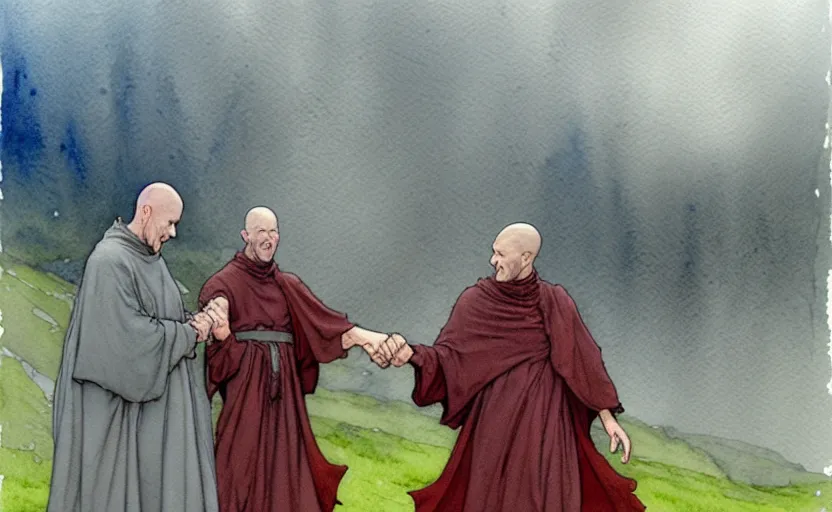 Image similar to a hyperrealist watercolour character concept art portrait of small grey medieval monks holding their hands in the air. a giant flat rock floats in the air above him. it is a misty night on the moors of ireland. by rebecca guay, michael kaluta, charles vess and jean moebius giraud