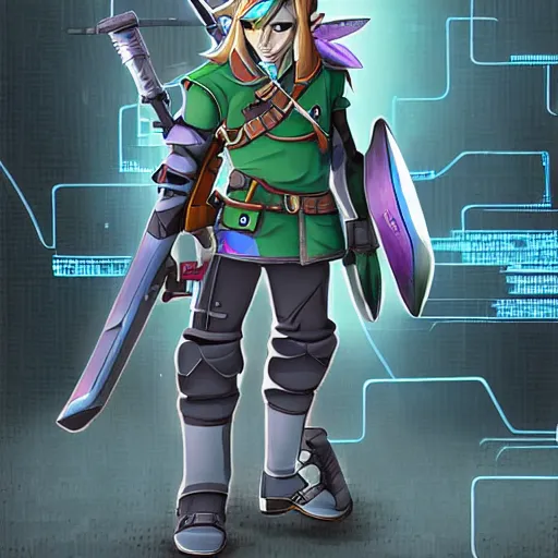 Image similar to link from legend of zelda as a cyberpunk robot, highly detailed digital art,