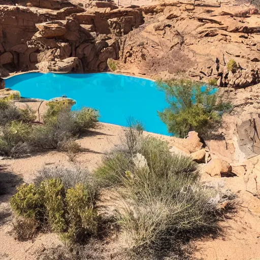 Image similar to quiet still pool, oasis in cleft of rock overlooking sandy desert spotted with dead dead trees