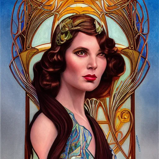 Image similar to an art nouveau, ( streamline moderne ), multi - racial portrait in the style of donato giancola and anna dittmann and charles dulac. very large, clear, expressive, and intelligent eyes. symmetrical, centered, ultrasharp focus, dramatic lighting, photorealistic digital matte painting, intricate ultra detailed background.