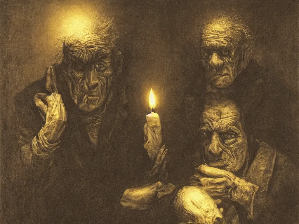 Image similar to Expressive portrait of an old frankenstein. Candlelight. Painting by Gustave Dore, August Sander