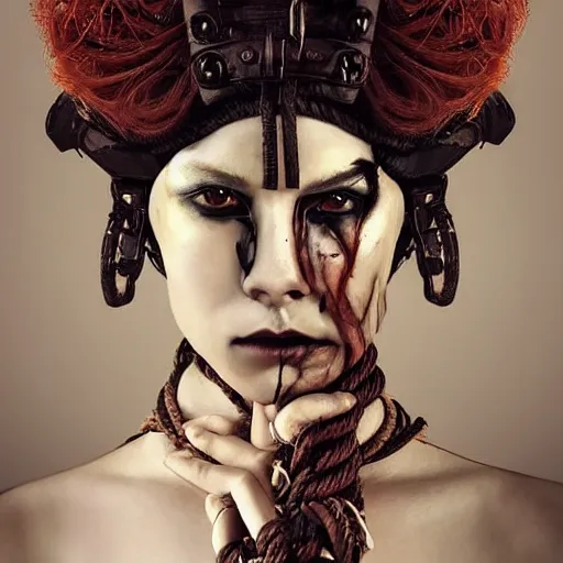 Image similar to portrait of a Shibari rope wrapped face and neck, headshot, insanely nice professional hair style, dramatic hair color, digital painting, of a old 15th century, old cyborg merchant, amber jewels, baroque, ornate clothing, scifi, realistic, hyperdetailed, chiaroscuro, concept art, art by Franz Hals and Jon Foster and Ayami Kojima and Amano and Karol Bak,