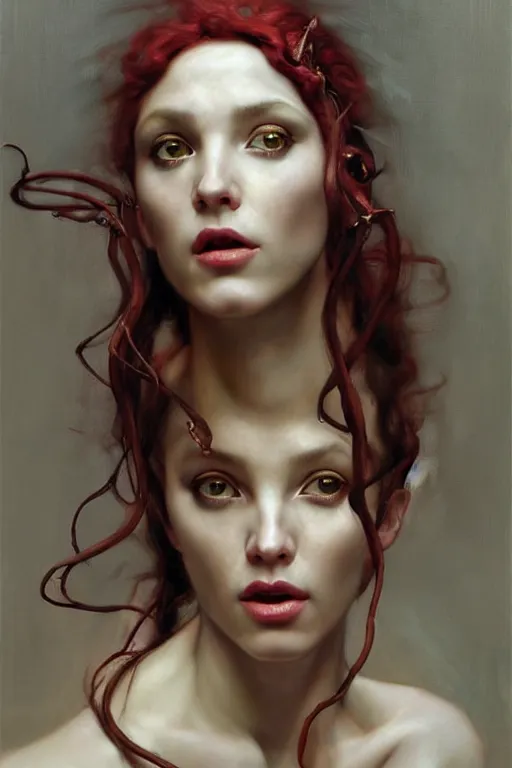 Prompt: hyper realistic painting portrait of medusa by stjepan sejic, norman rockwell, michael hussar, roberto ferri and ruan jia, john william waterhouse, godward, david kassan