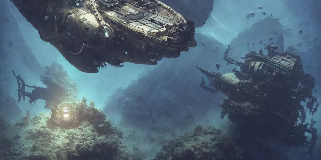 Image similar to a dieselpunk spaceship lies at the bottom of the sea in a coral reef, underwater, matte painting, dramatic lighting, submecanophobia, fantasy, intricate, elegant, digital painting, concept art, sharp focus, illustration by greg rutkowski, darek zabrocki and john berkey, 4 k.