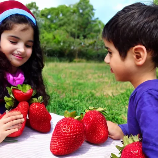 Prompt: shai khulud in dress eats strawberries with other kids