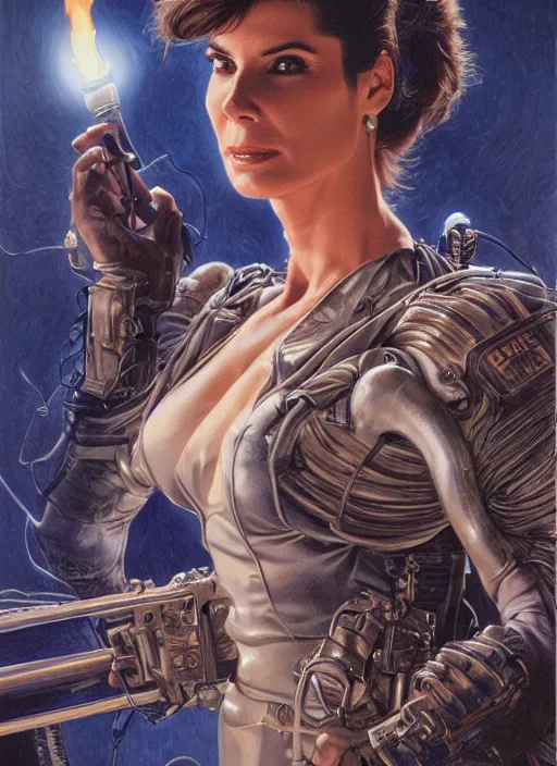 Image similar to Sandra Bullock (1990) as a muscled heroine staring into the camera, torch shadows, foggy night, intricate, elegant, highly detailed, Donato Giancola, Joseph Christian Leyendecker, WLOP, Boris Vallejo, Artgerm