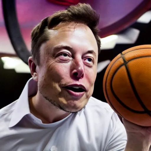 Prompt: photo of Elon Musk eating a basketball