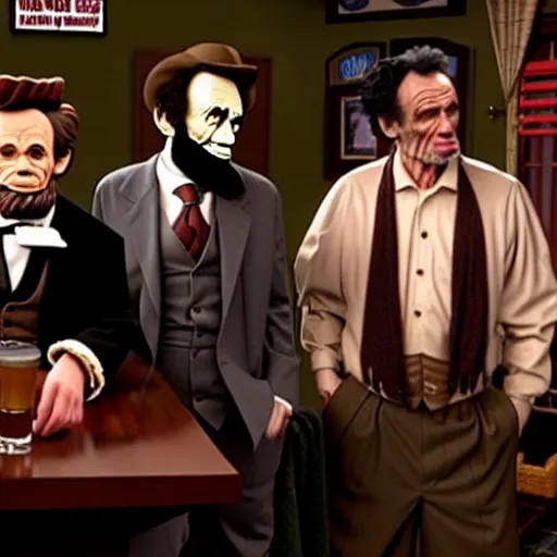 Prompt: The It's Always Sunny in Philadelphia episode where the gang meets Abe Lincoln Dee is there with Mac and so is Dennis they are at the bar, photo realistic, studio lighting, It's Always Sunny in Philadelphia