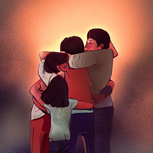 Image similar to A family hugging each other for the last time as the world is ending, meteors are falling from the sky, everything is on fire, dramatic lighting, digital art, very very very very very very beautiful, 8K, dark lighting, trending on Artstation, award winning