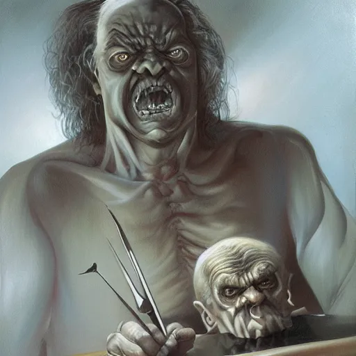 Image similar to closeup face, big eyes, angry old man in chair inside a dark house, surrealism, painting by boris vallejo and michael whelan