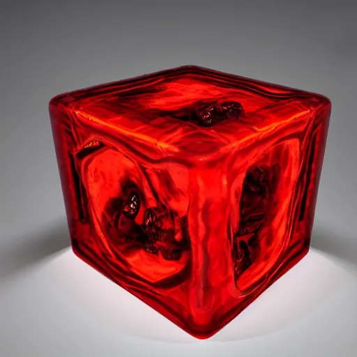 Image similar to twisted scene of a twisted transparent cube half filled with turbulent red liquid inside in a transparent skull