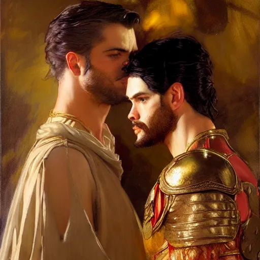 Image similar to attractive fully clothed king confesses his love for his attractive fully clothed male prince. highly detailed painting by gaston bussiere, mark brooks, j. c. leyendecker, craig mullins