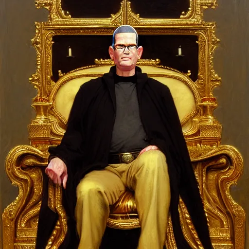 Prompt: perfectly centered portrait of hank hill in gold gothic robe sitting on a throne of black bones, highly detailed painting by gaston bussiere, craig mullins, j. c. leyendecker, 8 k, mid shot