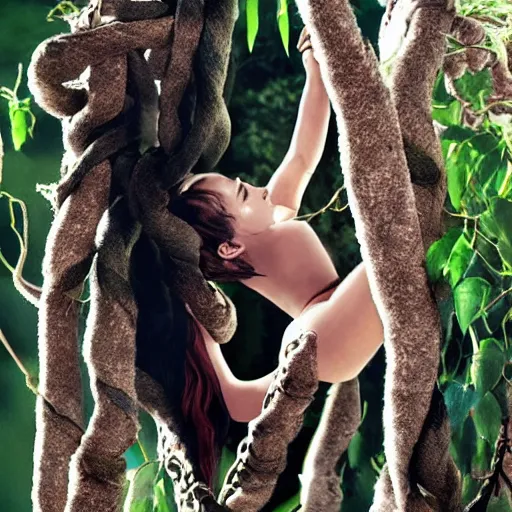 Image similar to angry angry emma watson hanging from and entangled in vines in the style of tarzan