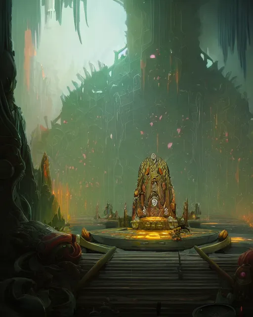 Prompt: Throne Room of the Shaman Raccoon King, cinematic concept art, matte painting, trending on Artstation, wide angle shot, by Peter Mohrbacher