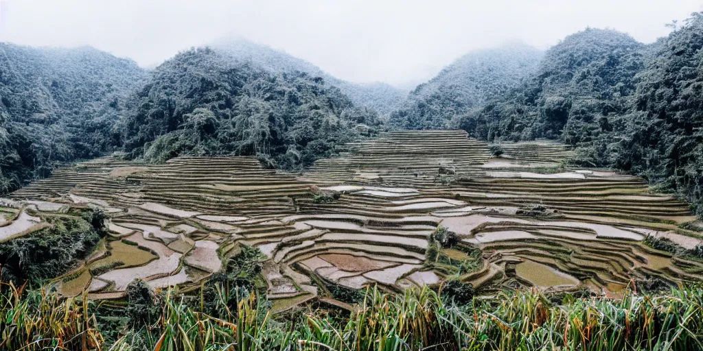 Prompt: a photo of ifugao rice terraces in the Philippines snowing and everything is covered with snow, winter wonderland, tropical snow, bad cold weather