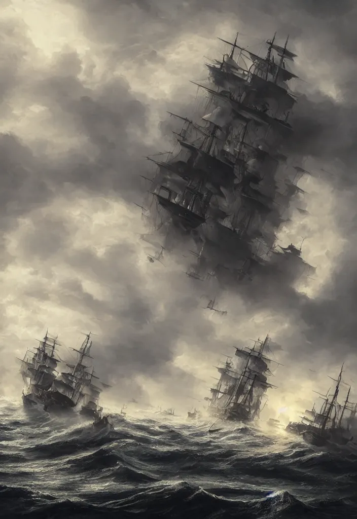 Image similar to intense ship persecution, ship being persecuted by a police ship over raging turbulent waters, hyper realistic, highly detailed, digital art, apocalyptic, intimidating lighting, raytracing, sharp focus, smooth, romanticism