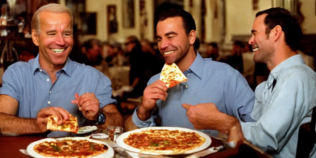 Image similar to color film of joe biden eating pizza in an italian restaurant 1 9 9 4 im the film of forest gump, grinning, close up, detailed
