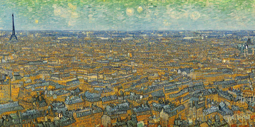 Image similar to highly detailed painting of Paris 1888 by van gogh, vivid colors, trending on artstation, 8K, ultra wide angle, pincushion lens effect
