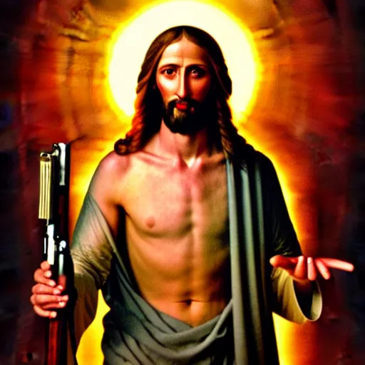 Image similar to uhd candid photo of cosmic jesus h. christ with a riot shotgun, glowing, global illumination, studio lighting, radiant light, hyperdetailed, correct faces, elaborate intricate details. photo by annie leibowitz