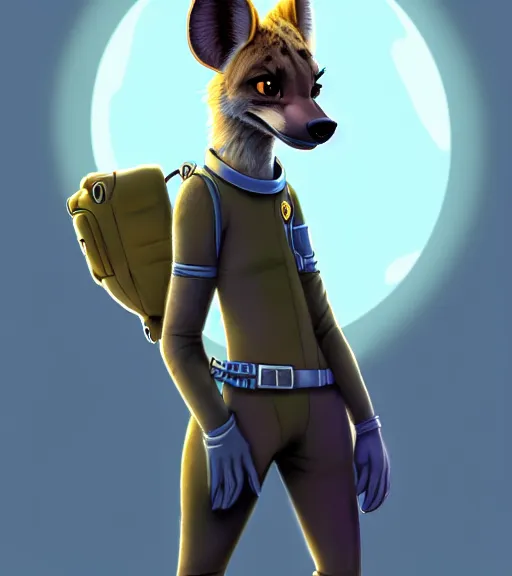 Prompt: digital detailed full body of anthromorphic female hyena, in style of zootopia, fursona, furry, furaffinity, 4 k, deviantart, wearing astronaut outfit, in style of zootopia, floating in space, space background, in deep space, dark background, hyena fursona, cyberpunk, female, detailed face,