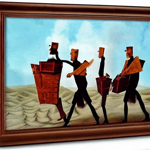 Prompt: a surrealism fantasy painting of the three men carrying a chest in the desert by finlay virgil