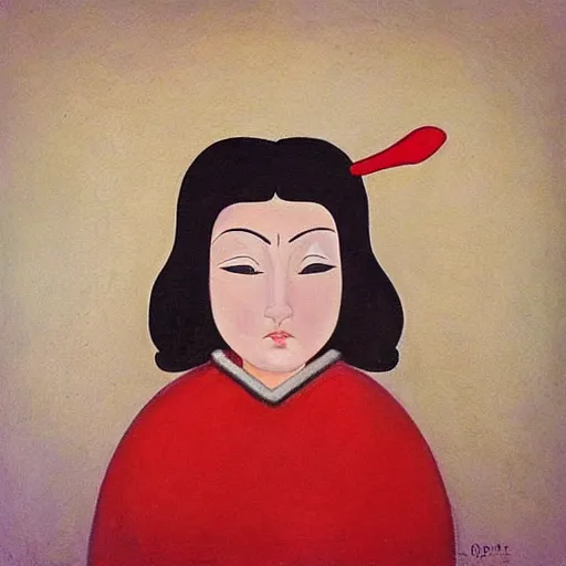 Image similar to “ she warrior with brunette long hair with a katana sword wearing red long boots painting with the style of botero ”