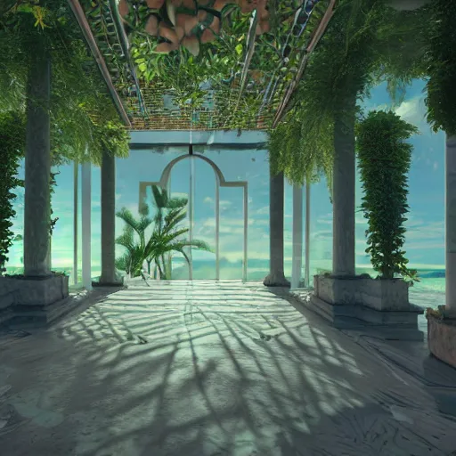 Image similar to vaporwave oasis, liminal space, high detail, rendered in unreal engine, 3d render, god rays, volumetric lighting, award winning, vegetation