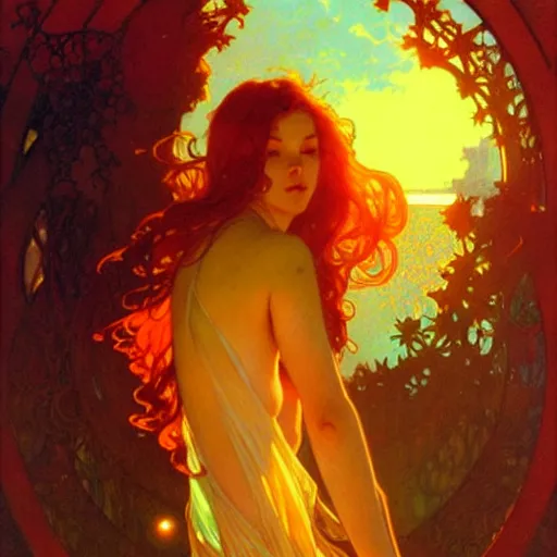 Image similar to glossy liquid honey drops flowing like translucent amber, backlit, sunset, refracted lighting, art by collier, albert aublet, krenz cushart, artem demura, alphonse mucha