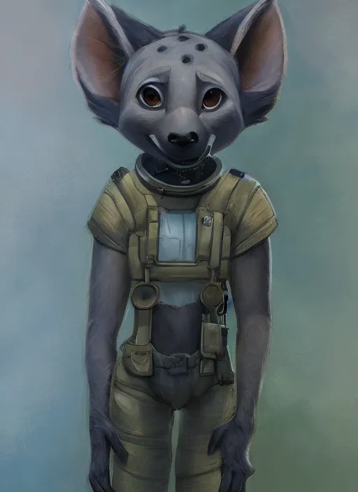 Prompt: oil painting detailed full body of anthromorphic female hyena, in style of zootopia, zootopia, zootopia, fursona, furry, furaffinity, 4 k, deviantart, furry art, fursona art, wearing astronaut outfit, in style of zootopia, hyena fursona, cyberpunk, female, detailed feminine face,