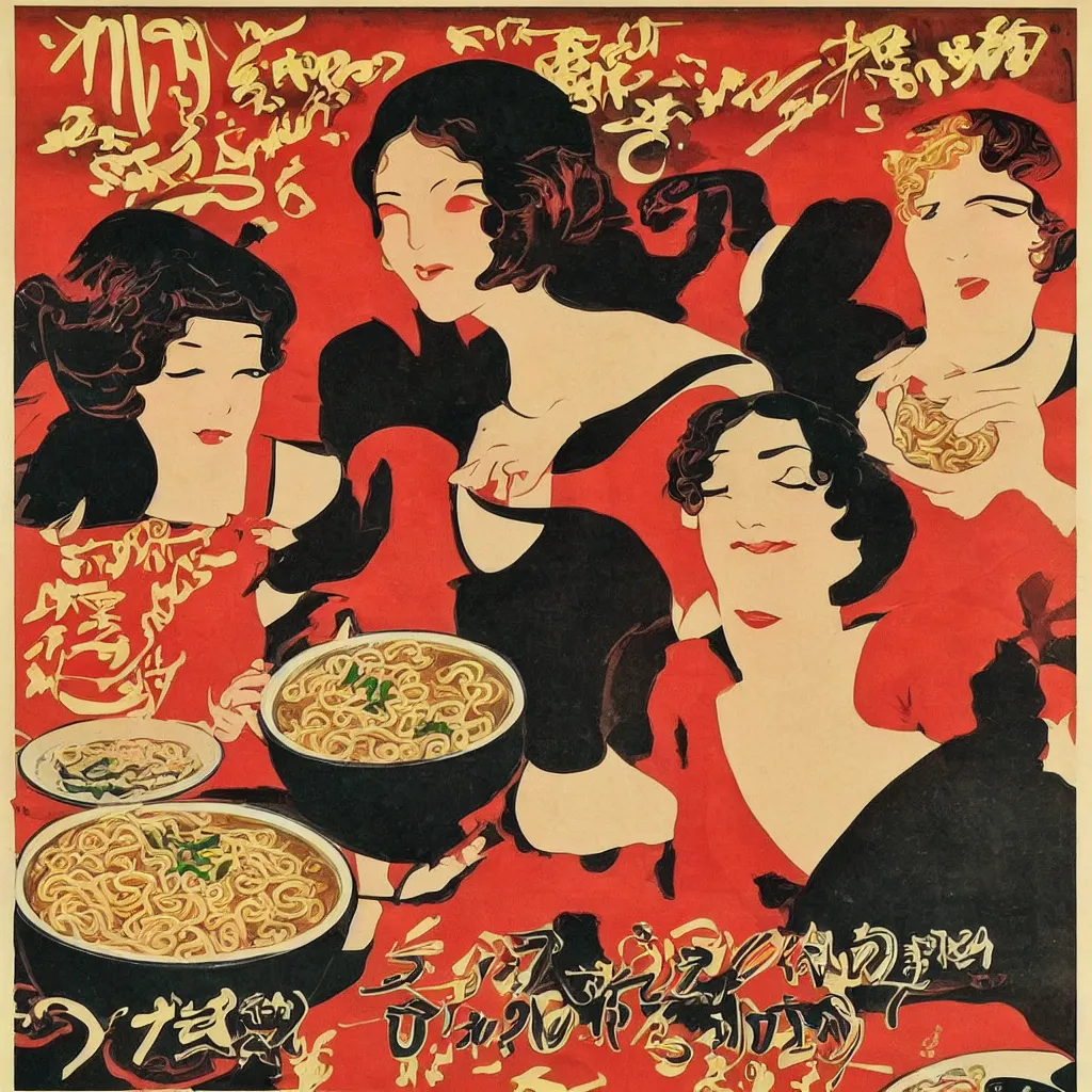 Image similar to 2 beautiful women eating a bowl of ramen, 1920s poster art